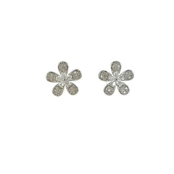 Sparkling Flower-Shaped Silver-Tone Stud Earrings Elegant Crystal Petal Design - Picture 2 of 6